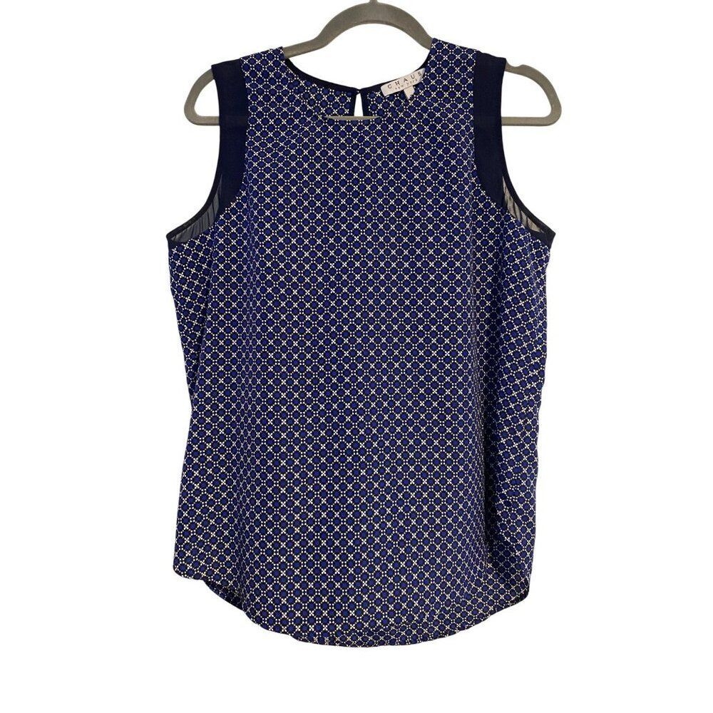Chaus New York Blue Blouse Geometric Sleeveless Blouse M Womens Top Artsy Boho
